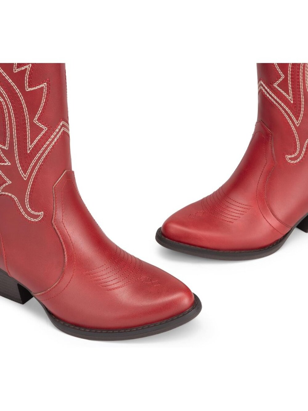 Women's Mid Calf Cowgirl Point Toe Chunky Heel Red Embroidery Western Boots - Picture 6 of 6